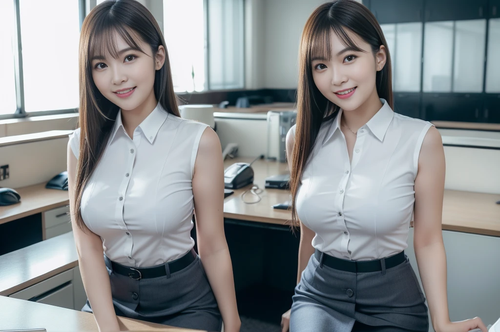 ((Highest quality, 8k, Masterpiece Details, Ultra-high resolution)), (Looking at the audience), (Full Shot:), 魅力的なビジネス 5-peopleの熟女, 5-people, Slender:0.25, A white, sleeveless, see-through, tight shirt with buttons on the collar and chest., Grey tight skirt, (sitting at a desk in an office), smile, CEO's Office,Big Breasts、Erect nipples