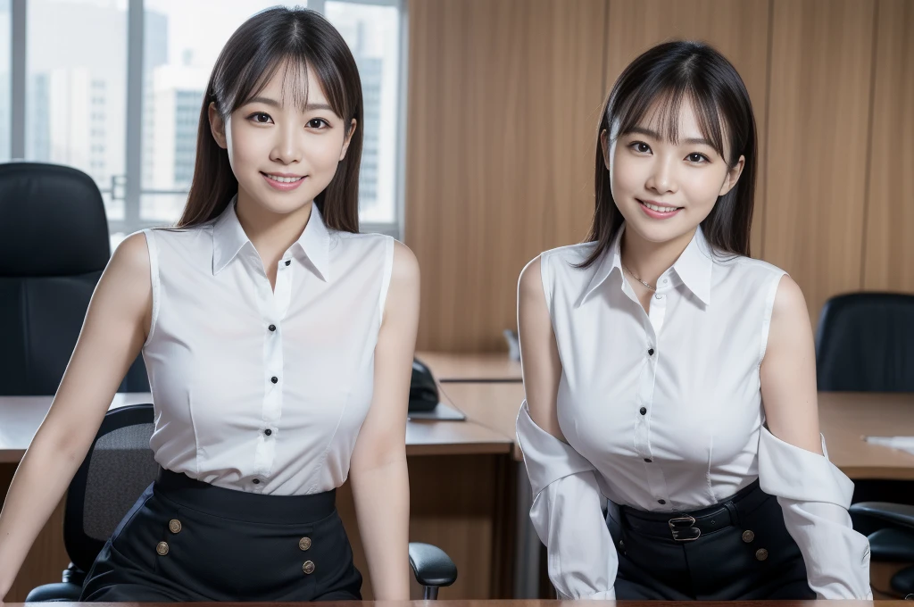((Highest quality, 8k, Masterpiece Details, Ultra-high resolution)), (Looking at the audience), (Full Shot:), 魅力的なビジネス 5-peopleの熟女, 5-people, Slender:0.25, A white, sleeveless, see-through, tight shirt with buttons on the collar and chest., Grey tight skirt, (sitting at a desk in an office), smile, CEO's Office,Big Breasts、Erect nipples