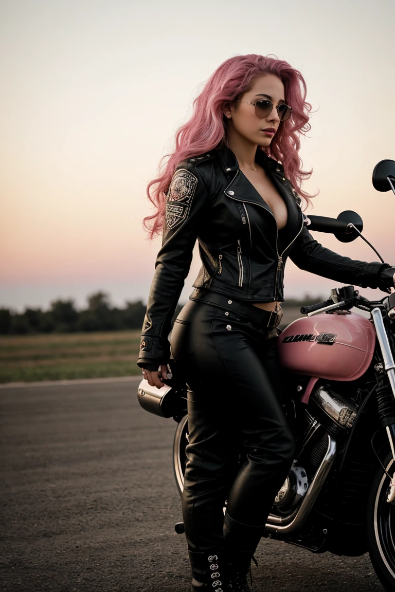 ((CINEMATIC SHOT)) DV_Pinky_Vicious has long pink curly hair on a motorbike riding on an air field into the sunset, wearing biker gear, (shot by Zack Snyder:1.2), 35mm, F/2.8, insanely detailed and intricate, character, hypermaximalist, elegant, ornate, beautiful, exotic, revealing, appealing, attractive, amative, hyper realistic, super detailed, trending on flickr