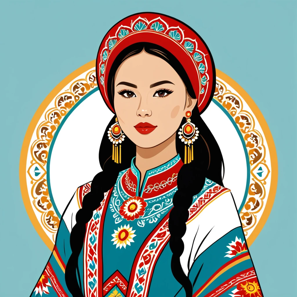 woman in kazakhstan folk outfit, vector graphics, strong contours, logo design