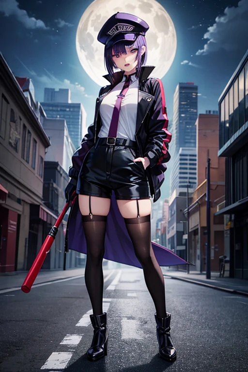 Anime Art、Full body portrait、Modern Street Murderer、Moonlit Ruins、A tall woman, about 175cm tall, in her 20s, wearing a black jacket and shorts, holding a large baseball bat、Short medium hairstyle、Bangs long enough to cover both eyes、Purple Hair、Wearing a red cap、Bossy smile with open mouth、gloves、stockings、boots、wearing silver earrings in his ears