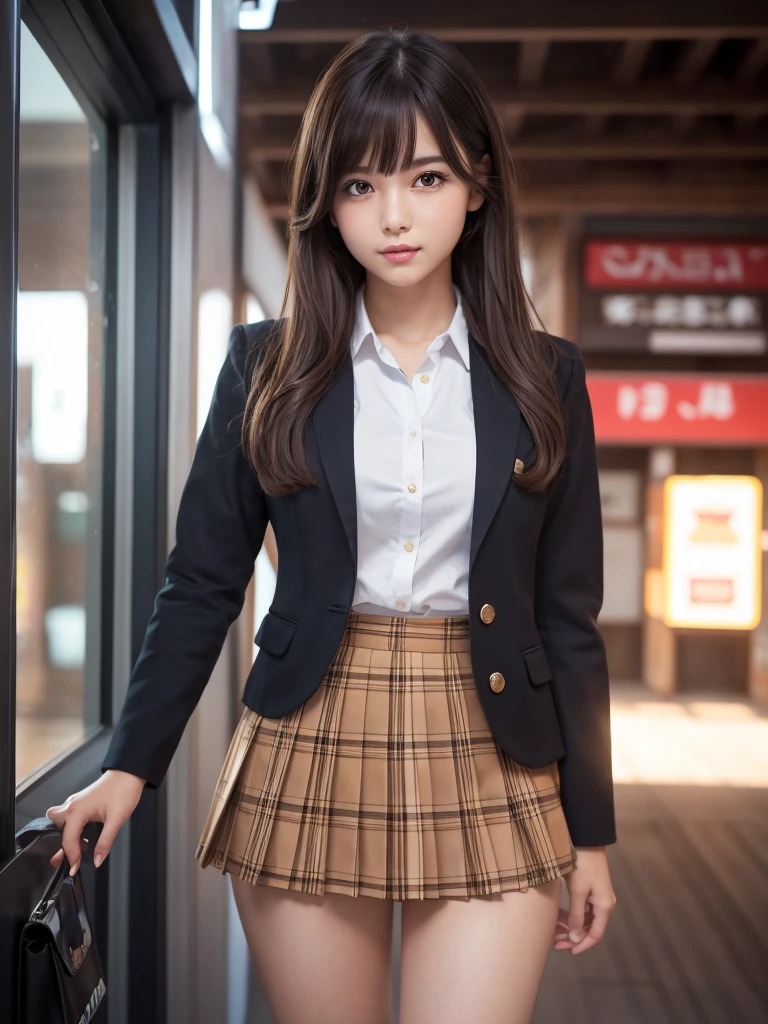 Product quality,1 girl,Cowboy Shot,Front view,Young and pretty girl in Japan,Daytime, Schoolgirl uniform,blazer,wear, wear a checkered pleated micro mini skirt,Very cute face,Glossy Lips,Double eyelids on both eyes,(Natural Makeup),shiny smooth light brown long hair,,,Asymmetrical bangs,Center image,8k resolution,Attention to detail,Detailed hairstyle,Detailed face,Cinema Lighting,Octane Rendering,Ultra-realistic,Perfect limbs,Beautiful legs,Voluptuous thighs,Huge breasts,Perfect Anatomy,