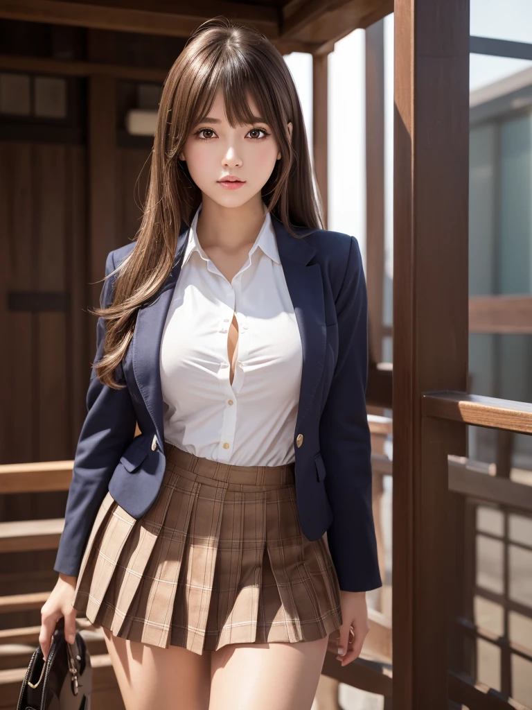 Product quality,1 girl,Cowboy Shot,Front view,Young and pretty girl in Japan,Daytime, Schoolgirl uniform,blazer,wear, wear a checkered pleated micro mini skirt,Very cute face,Glossy Lips,Double eyelids on both eyes,(Natural Makeup),shiny smooth light brown long hair,,,Asymmetrical bangs,Center image,8k resolution,Attention to detail,Detailed hairstyle,Detailed face,Cinema Lighting,Octane Rendering,Ultra-realistic,Perfect limbs,Beautiful legs,Voluptuous thighs,Huge breasts,Perfect ???????,