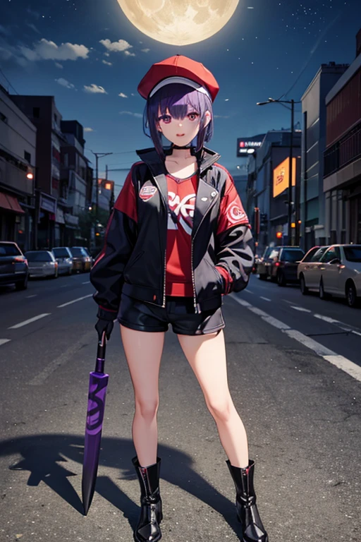 Anime Art、Full body portrait、Modern Street Murderer、Moonlit Ruins、A tall woman, about 175cm tall, in her 20s, wearing a black jacket and shorts, holding a large baseball bat、Short medium hairstyle、Bangs long enough to cover both eyes、Purple Hair、Wearing a red cap、Bossy smile with open mouth、gloves、stockings、boots、wearing silver earrings in his ears