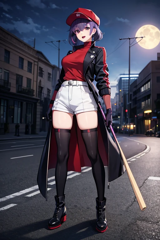 Anime Art、Full body portrait、Modern Street Murderer、Moonlit Ruins、A tall woman, about 175cm tall, in her 20s, wearing a black jacket and shorts, holding a large baseball bat、Short medium hairstyle、Bangs long enough to cover both eyes、Purple Hair、Wearing a red cap、Bossy smile with open mouth、gloves、stockings、boots、wearing silver earrings in his ears