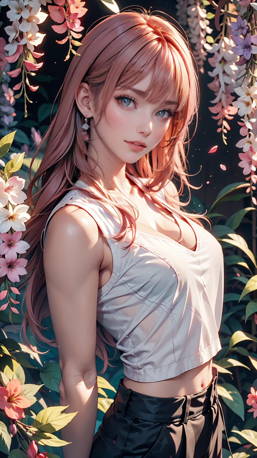 One girl, alone, Cute girl with pink hair, Pink Eyes, Wisteria flower background, Soft natural light, Sleeveless white shirt