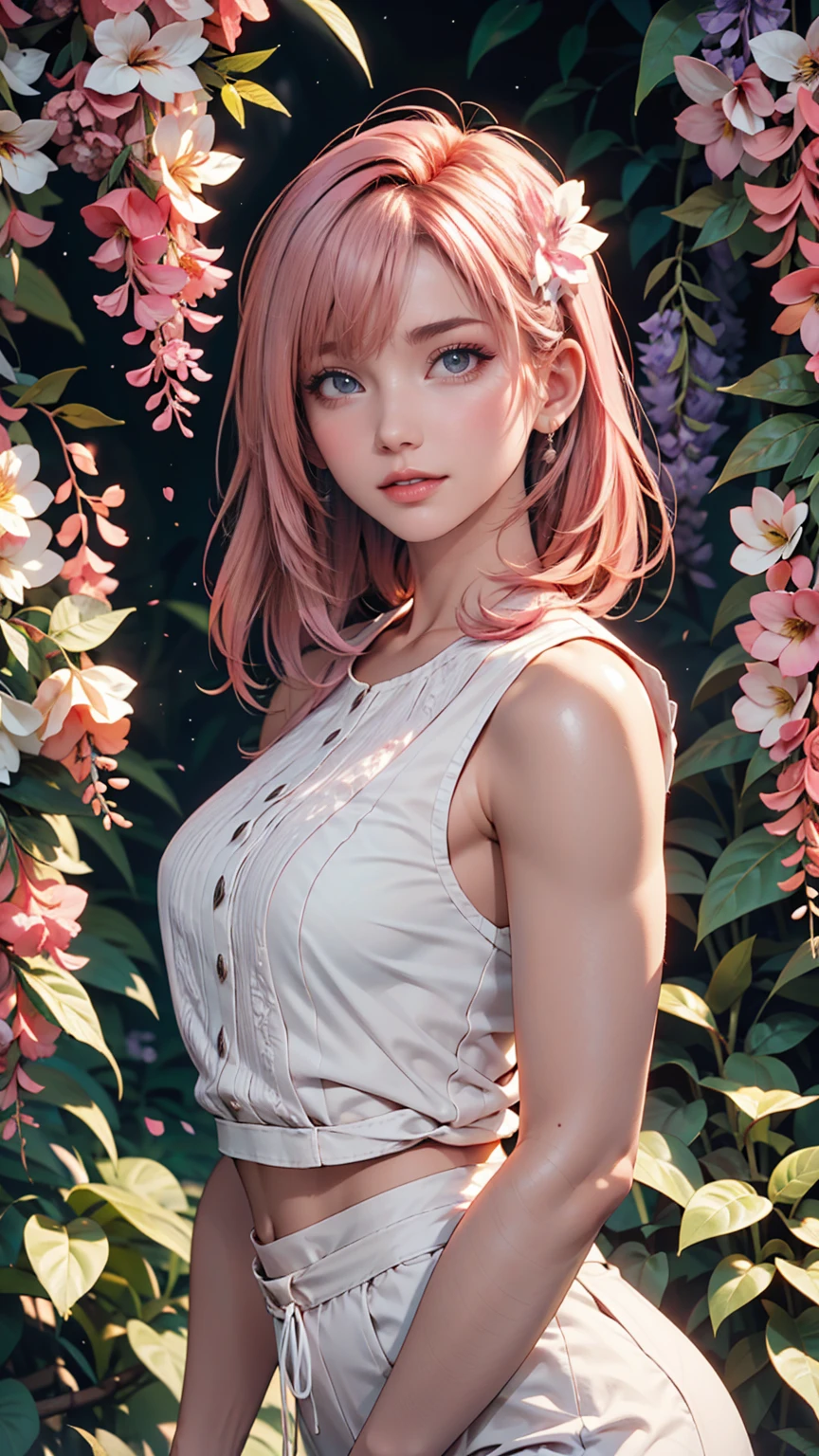 One girl, alone, Cute girl with pink hair, Pink Eyes, Wisteria flower background, Soft natural light, Sleeveless white shirt