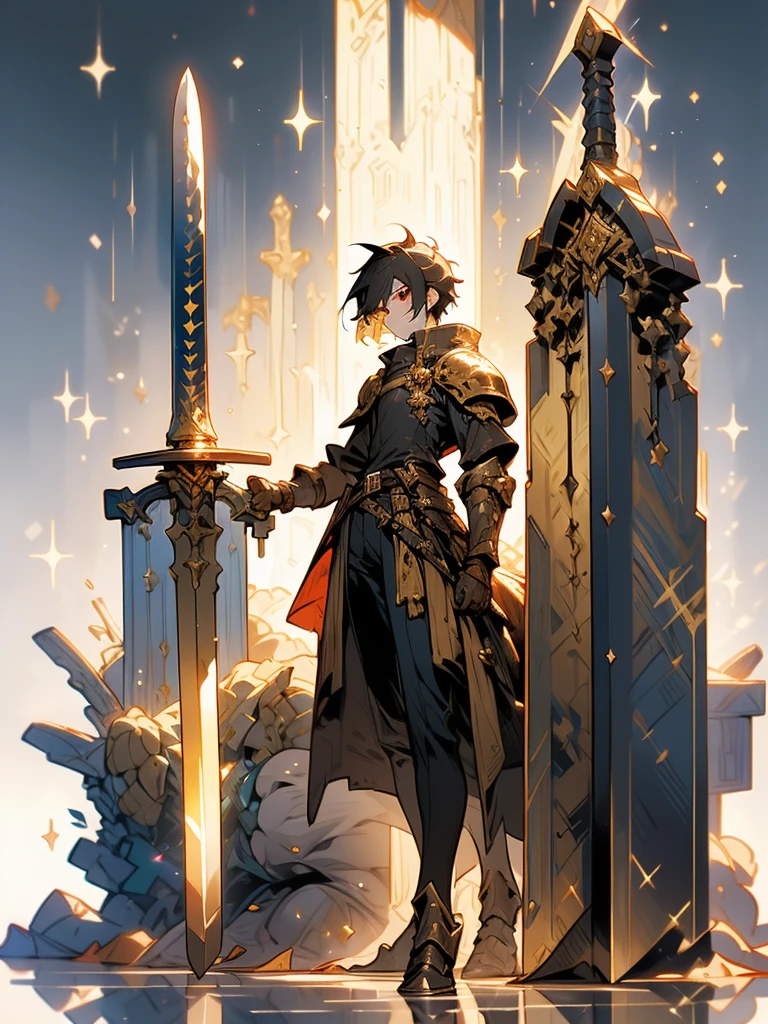 (a ager male knight in cracked Gold armor), handsome, ((he raise a Greatsword stained with dark gold element)), a giant gate of castle behind him, light from the sky, lots of swords point at the knight, red eyes, silver hair, black hair, gradient hair, chiaroscuro, cinematic lighting, god rays, ray tracing, reflection light, ((full-body)), masterpiece, best quality, high quality, high details, highest, accurate, anatomically correct, textured skin, UHD, 1080P, ((anime))