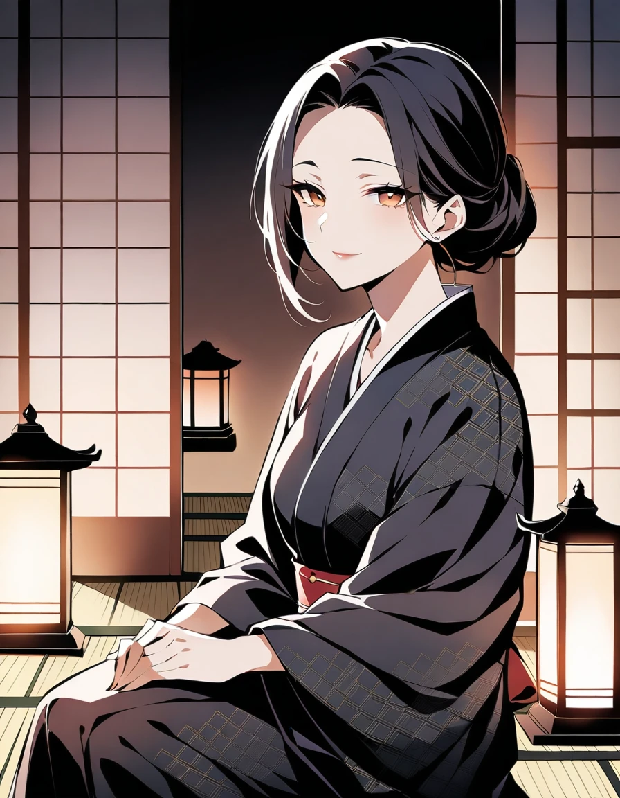 In a dimly lit, intricately patterned tatami room, a 35-year-old mature widow sits serenely, her enigmatic beauty radiating from beneath the folds of a lustrous black kimono. The soft glow of candles and lanterns casts an air of mystique, highlighting the subtle curves of her face as she gazes into the distance.,(An evil seductive smile on the other side of the Japanese-style bedroom with the sliding doors open., A 35-year-old mature widow with a mysterious beauty wearing a seductive black kimono looks at me while doing so.),masterpiece, incredibly absurd resolution, absolute resolution, super high resolution,