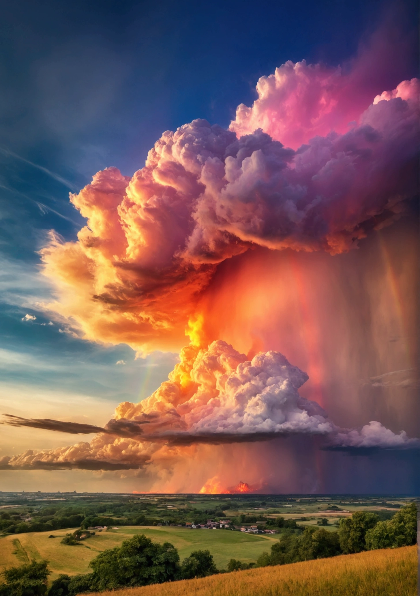 Colorful rainbow，There are burning clouds in the sky，best quality, high resolution，masterpiece，High Detail，16K
