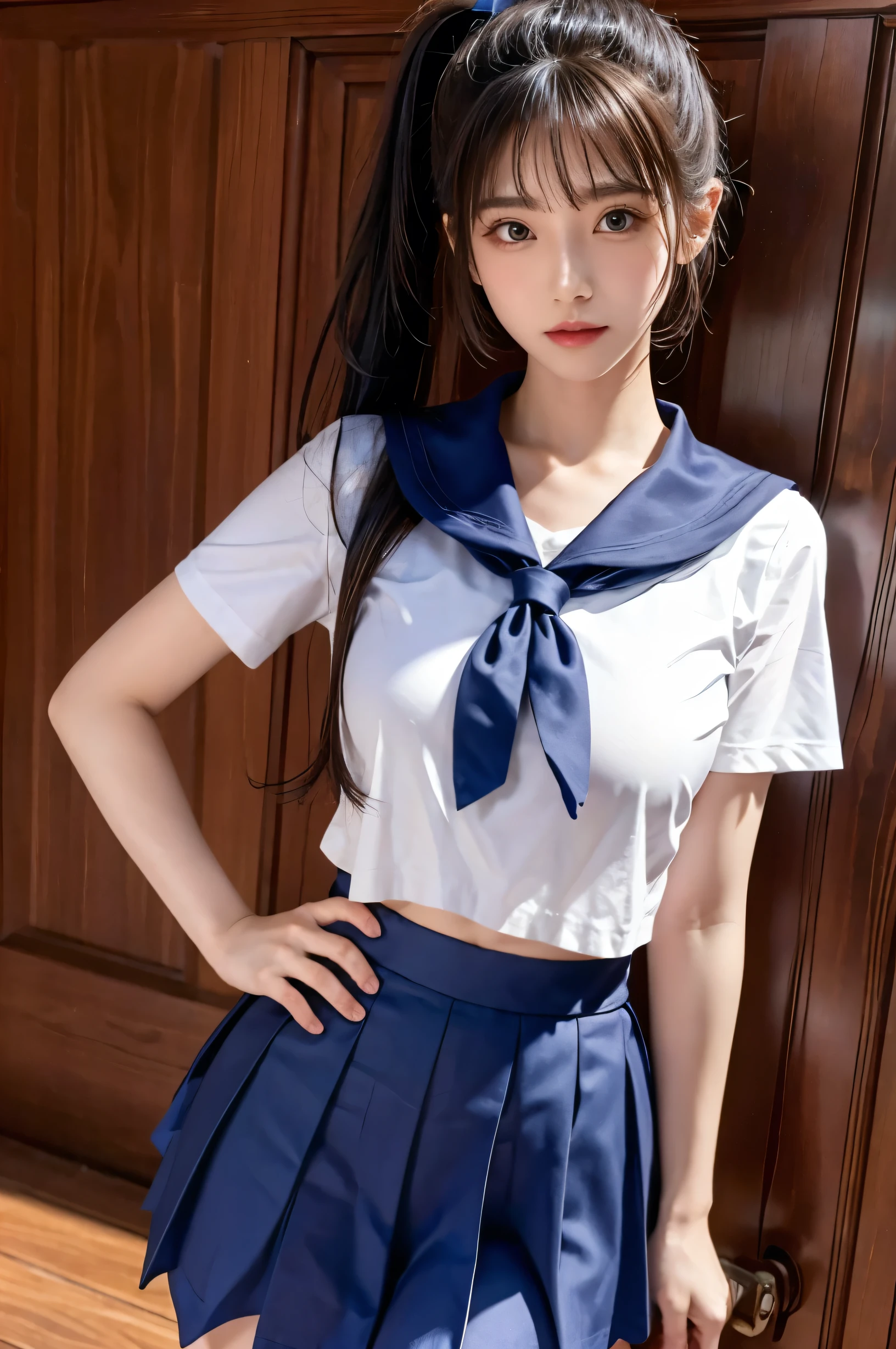 (Ultra HD), (Short-sleeved sailor uniform, Navy blue mini skirt), Big Breasts, slender, whole body, Standing posture, (Clean and shiny skin, Whitening, No makeup), (Super slim face, Super beautiful face), (ponytail, Layered Cut, Fluffy hair), (double eyelid, Slanted Eyes), Small Nose, Thin lips, Thin legs, school gate