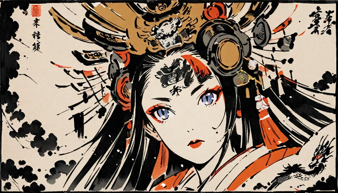 Ink painting, (((1 girl))), (((Dragon tattoo in the center of the forehead))), (((Oiran))), (((Great hair accessories))), Japanese style headphones, Face up close, Japanese beauty, Black hair, Sensitive and precise, Modern Ukiyo-e style