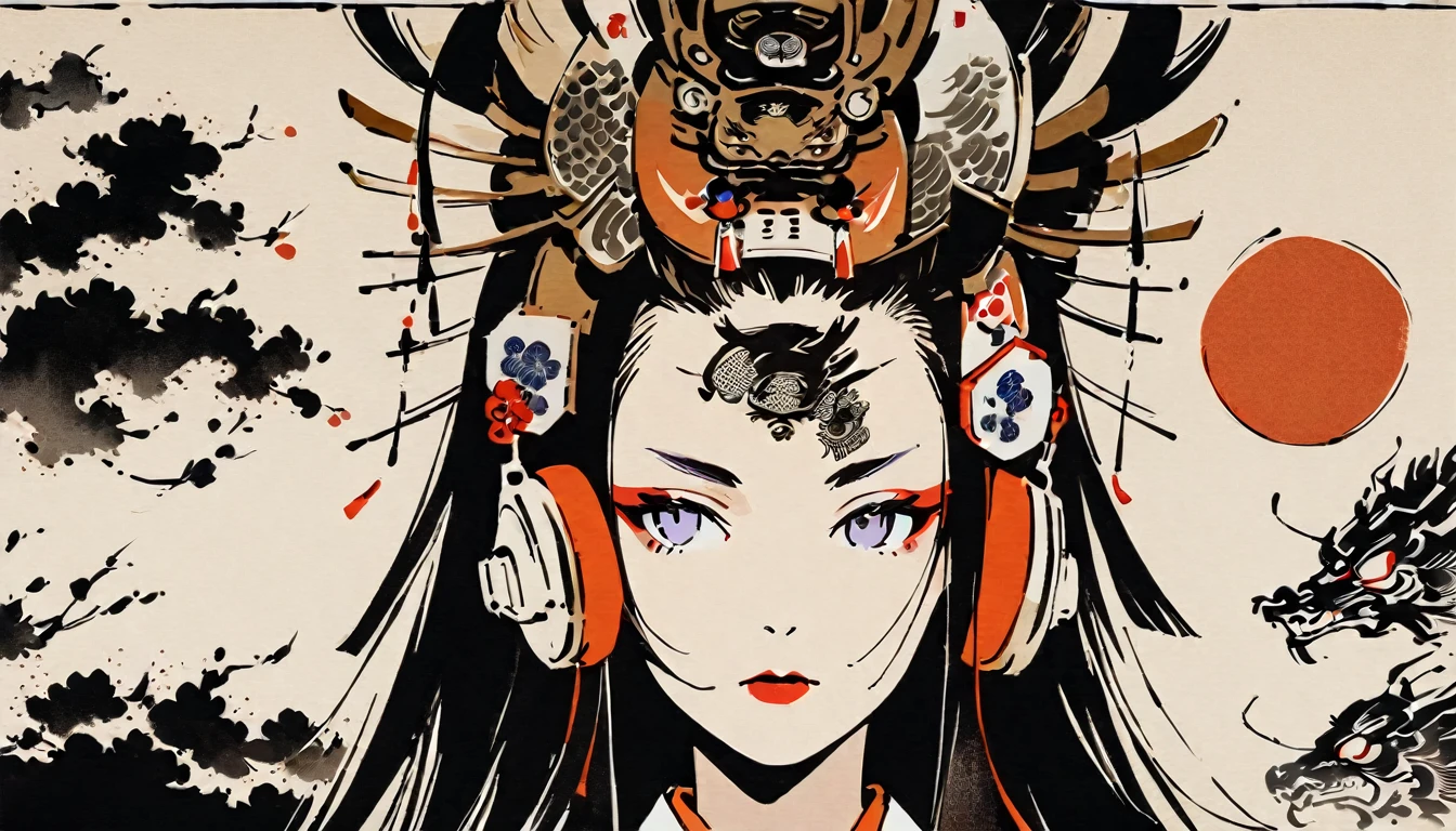 Ink painting, (((1 girl))), (((Dragon tattoo in the center of the forehead))), (((Oiran))), (((Great hair accessories))), Japanese style headphones, Face up close, Japanese beauty, Black hair, Sensitive and precise, Modern Ukiyo-e style