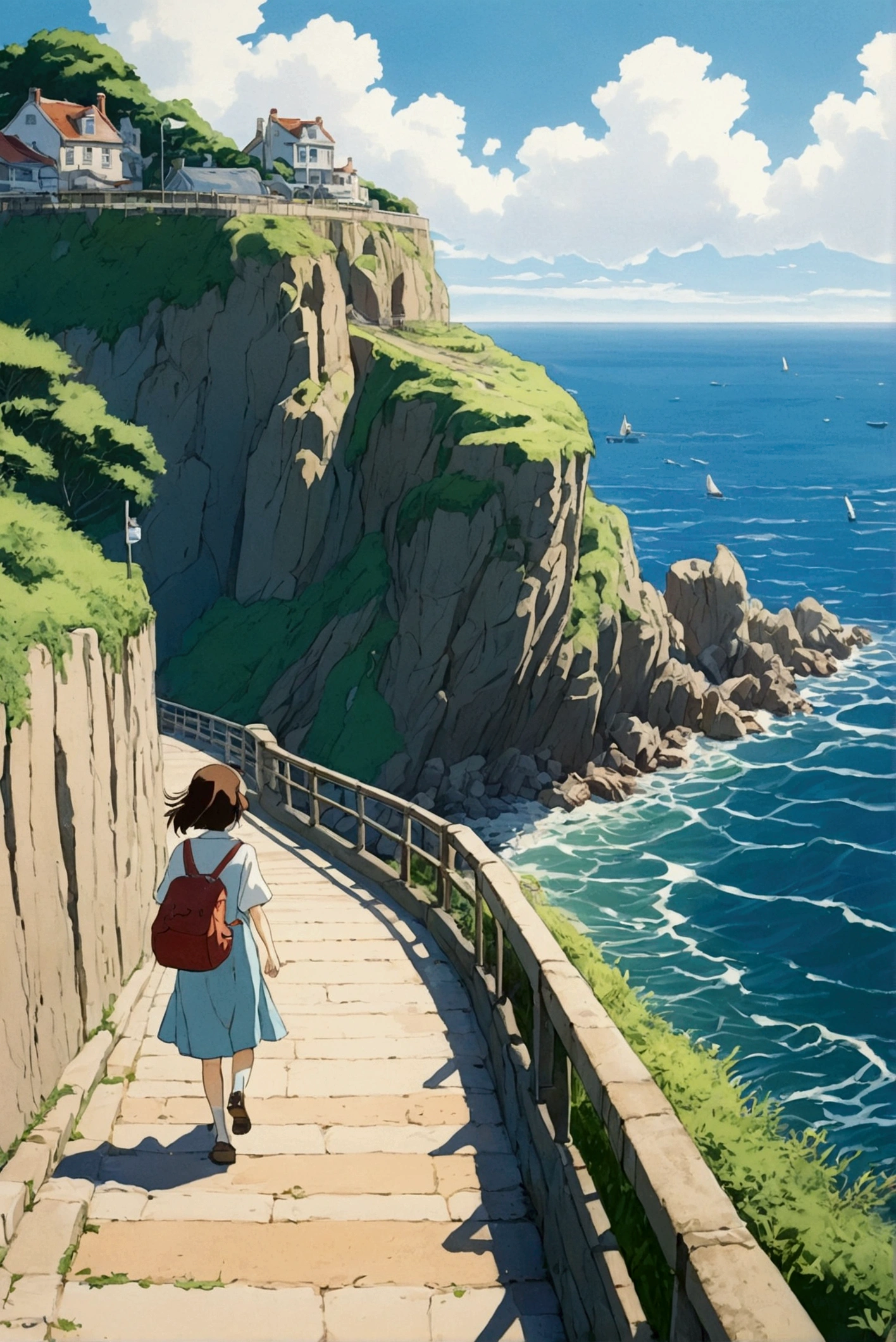 coastal、Ghibli style、noon、One girl、Walking along the embankment、cliff