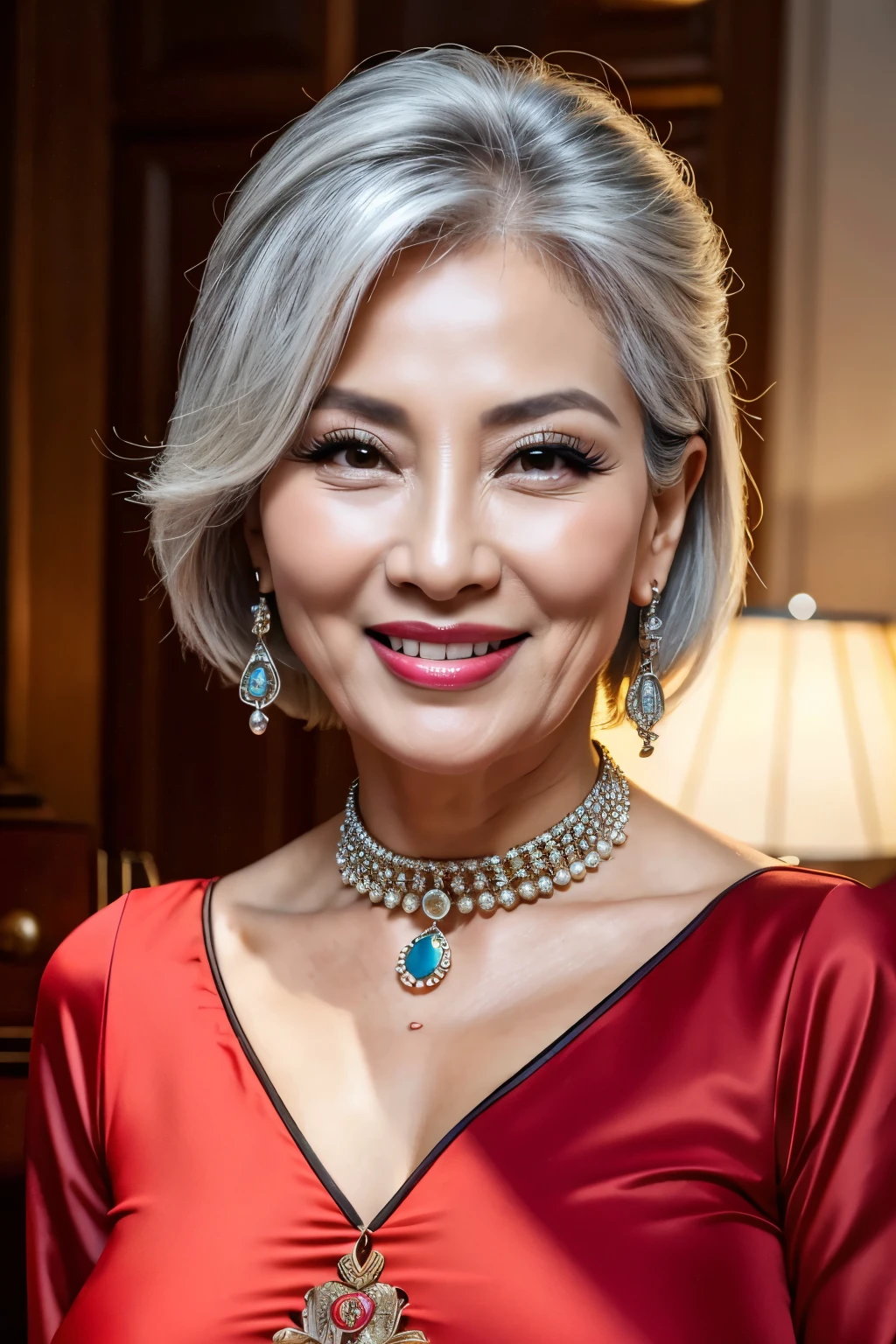 75 years old　Mom　MILF　Korean, Lady　large earring　Big choker　navel piercing decoration　A bracelet　Silver Hair　realisitic　Gorgeous Madame Beautiful Mature Woman　sexy　Smile　Gentle woman navel piercing　４K　High quality 重い胸