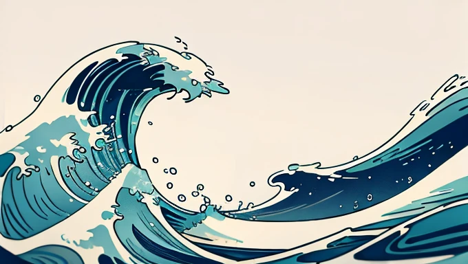 Wave design, Simple, pattern, Can draw, 美しいWave design, Japanese style、Ukiyo-e、No border、There is momentum、Monotonous colors、White background、Only waves