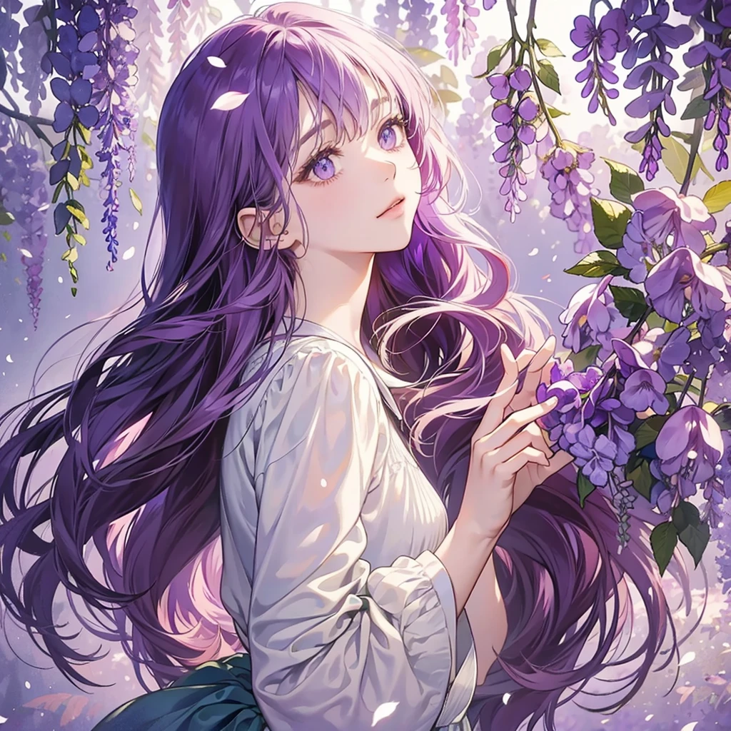 wisteria forest, , (Beautifully Aesthetic:1.2),wisteria, peace, tranquility, serenity, petals, plain white background, many shades of purple