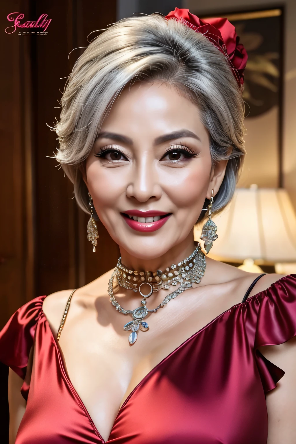 75 years old Mom MILF Korean, Lady large earring Big choker navel piercing decoration A bracelet Silver Hair realisitic Gorgeous Madame Beautiful Mature Woman sexy Smile Gentle woman navel piercing 4K High quality 重い胸