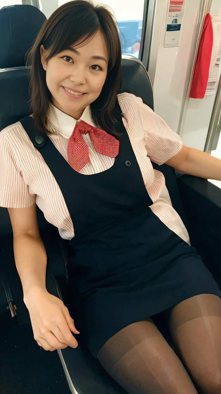 Highest quality、8k、masterpiece、Ultra-high resolution、Clear photos、Professional Lighting、Natural light、Realistic,、Highly detailed skin、Perfect Anatomy、(Beautiful Hands)、(Beautiful fingers)、One Woman、Age 25、Baby Face:1.8、Large Breasts、(Large areola)、Glamour、Bob Hair、Brown Hair、Beautiful Hair、smile、Star Uniform、Black vest、Short sleeve shirt、Black tight mini skirt、((Perfect Pantyhose:1.2))、((Black Pantyhose:1.1))、in the train、Sitting in a chair、(((Panty shot)))