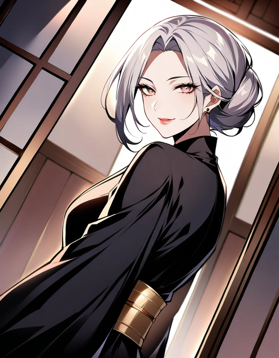 A close-up shot of the widow's enigmatic face, illuminated by a single flickering candle's soft glow. Her piercing gaze, like a serpent's whisper, seems to weave a web of deceit. The glossy black kimono clings to her curves, accentuating the wickedness that simmers beneath her surface. Her full lips curl into a sly smile, as if she holds a dark secret.,(An evil seductive smile on the other side of the Japanese-style bedroom with the sliding doors open., A 35-year-old mature widow with a mysterious beauty wearing a seductive black kimono looks at me while doing so.),masterpiece, incredibly absurd resolution, absolute resolution, super high resolution,