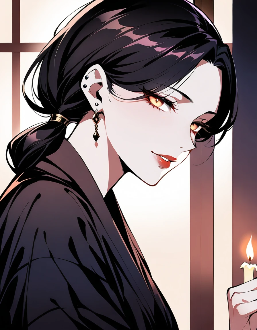 A close-up shot of the widow's enigmatic face, illuminated by a single flickering candle's soft glow. Her piercing gaze, like a serpent's whisper, seems to weave a web of deceit. The glossy black kimono clings to her curves, accentuating the wickedness that simmers beneath her surface. Her full lips curl into a sly smile, as if she holds a dark secret.,(An evil seductive smile on the other side of the Japanese-style bedroom with the sliding doors open., A 35-year-old mature widow with a mysterious beauty wearing a seductive black kimono looks at me while doing so.),masterpiece, incredibly absurd resolution, absolute resolution, super high resolution,