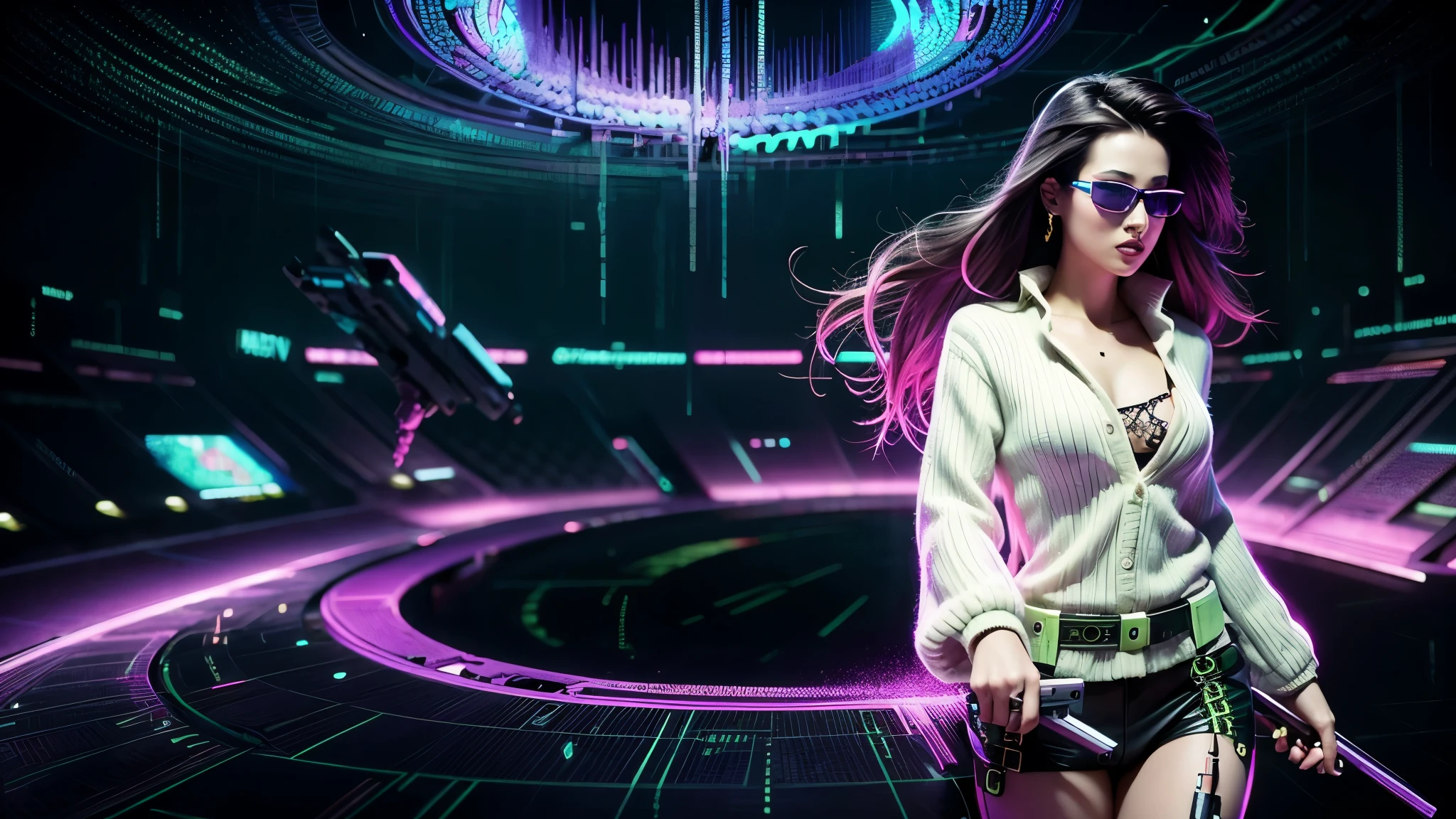 matrix coding, Purple animated cyberpunk background. sexy woman with gun and sunglasses