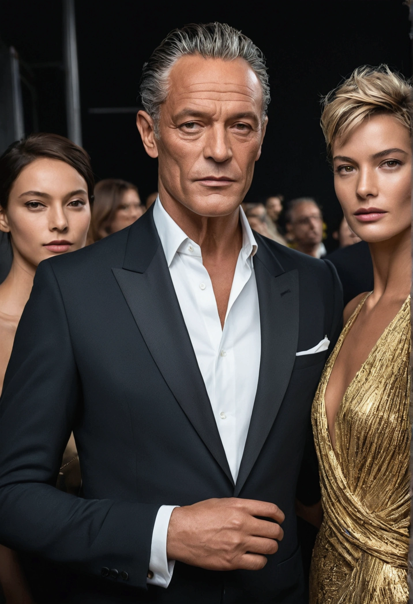 photo éthérée d'an elegant man, French nationality, tanned skin, women in the background, In the style of Peter Lindbergh, head of'work of the'art complexe, presentiment, Name D'Gold, Tendance dans CGSeteration, complexe, epic, tendances sur ArtStation d'artgerm, Rendu de personnages cinématographiques de production très détaillé et dynamique, very high quality model
