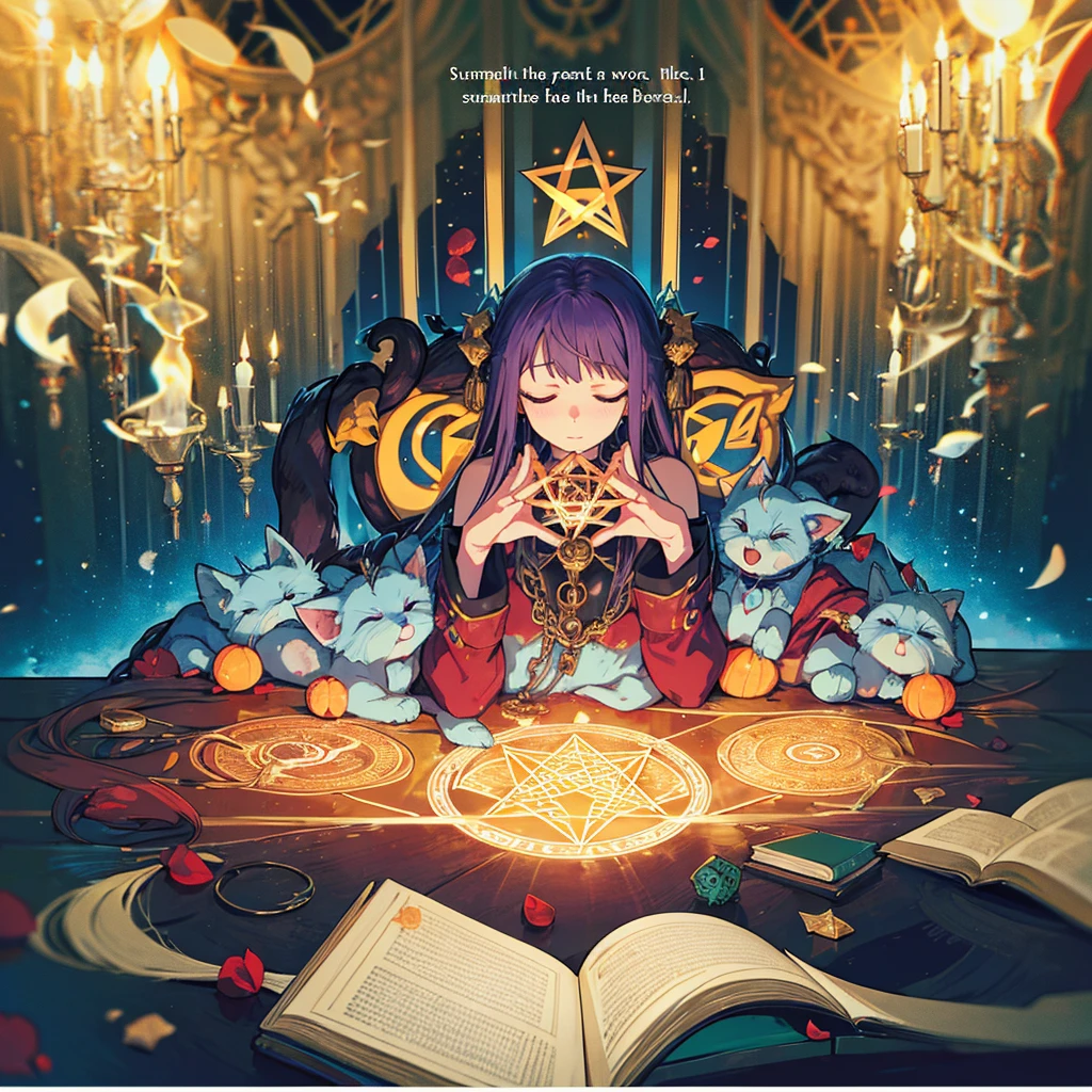 Goddess summons heroes, summoning circle, blue pentagram, text level 1 above head