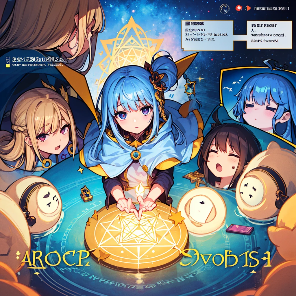 Goddess summons heroes, summoning circle, blue pentagram, text level 1 above head