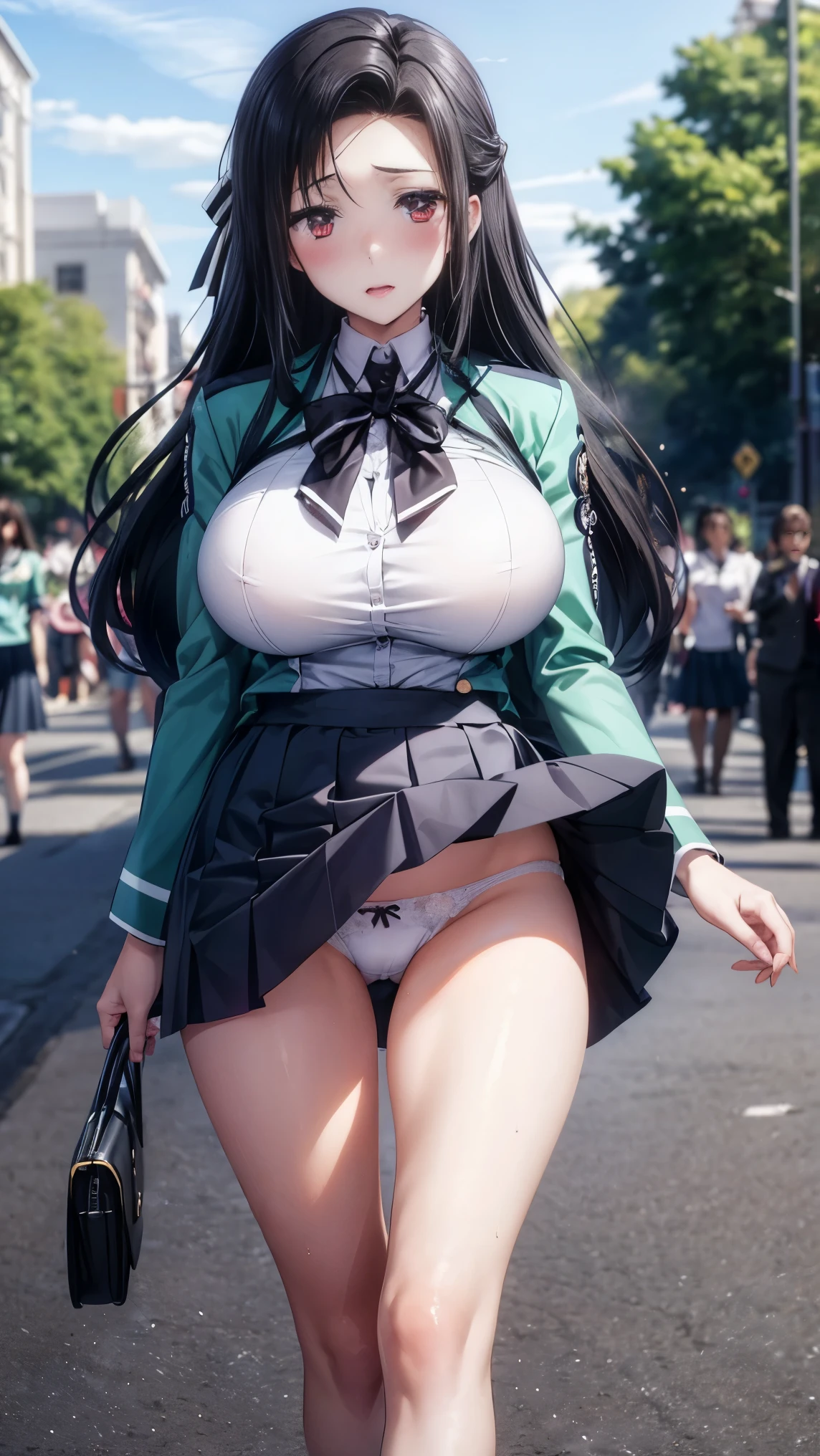 best quality,1girl,((big breasts:1.3)),orgasm,blush,sweat,steam,Mayumi Saegusa, black hair, long hair,(school uniform),lift skirt,upskirt,white panties,lace panties,crowd,park,walking