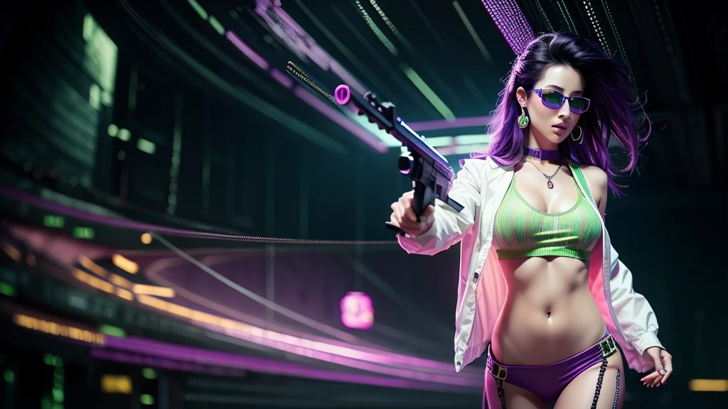 matrix coding, Purple animated cyberpunk background. sexy woman with gun and sunglasses