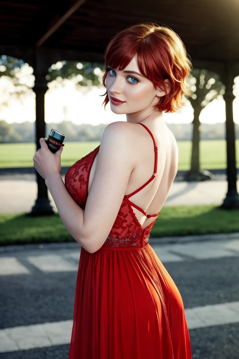 Masterpiece, (Bryce Dallas Howard: 0.5), playful smile, no hands, high detail face, high detail skin, long red dress, (high detail eyes:1.3), short hair, orange short hair, (small breasts:1.2), (strong athletic body), city park background, (UHD, 8K wallpaper, High resolution), Cinematic lighting, award-winning, extremely white detailed skin, extra detailed face, high detail eyes, photo-realistic, Zeiss 85 mm F/1.4, by Ellen von Unwerth
