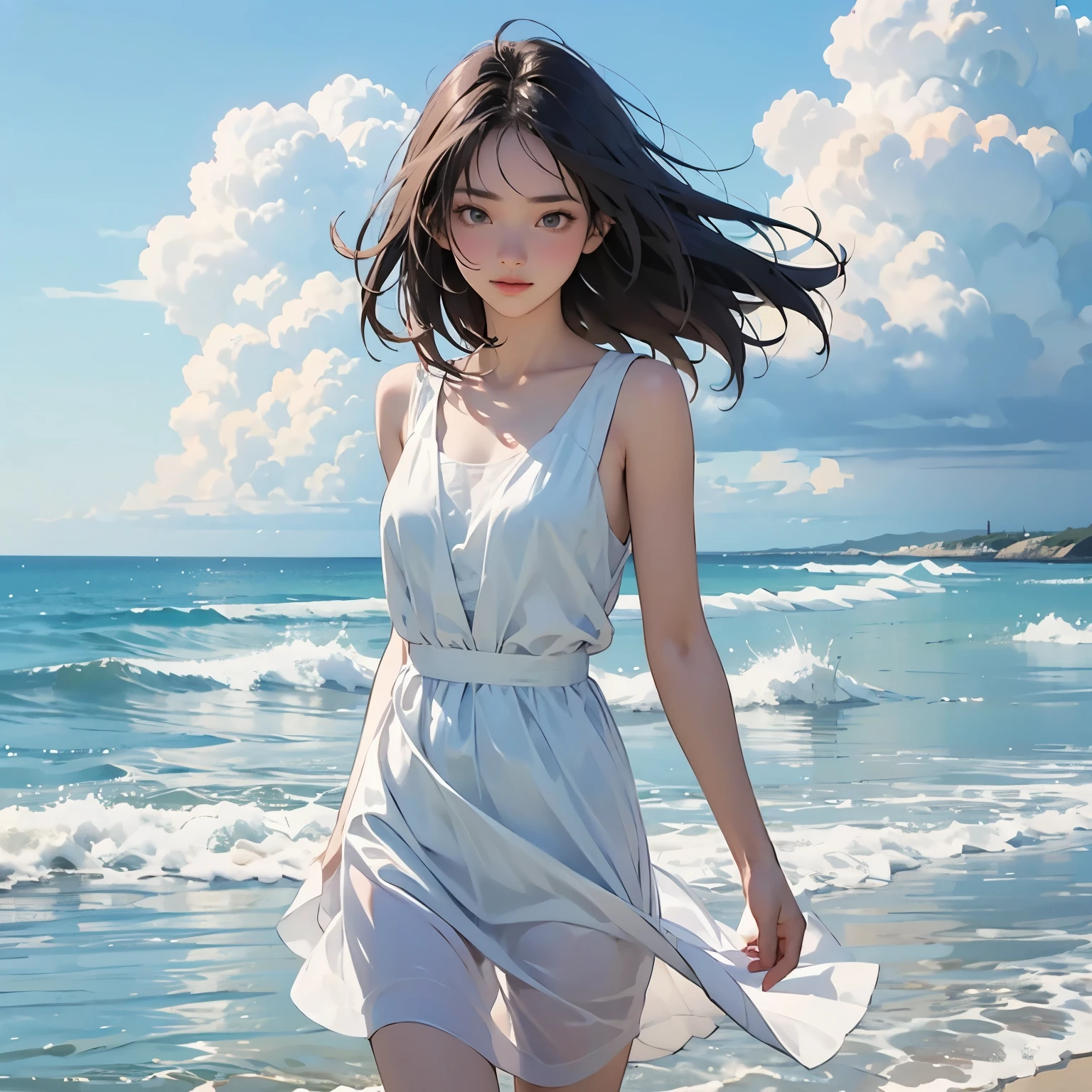 Summer seaside scene photo、One girl, alone、17 years old、Beautiful Face、Short Hair、Blowing in the Wind、Wearing a white sleeveless mini dress、Frolic with the waves、Blue sky and white clouds、Beautiful sea、Photorealism、Detailed Description、Artistic photography、(Highest quality, masterpiece, High resolution)、4K、wallpaper、