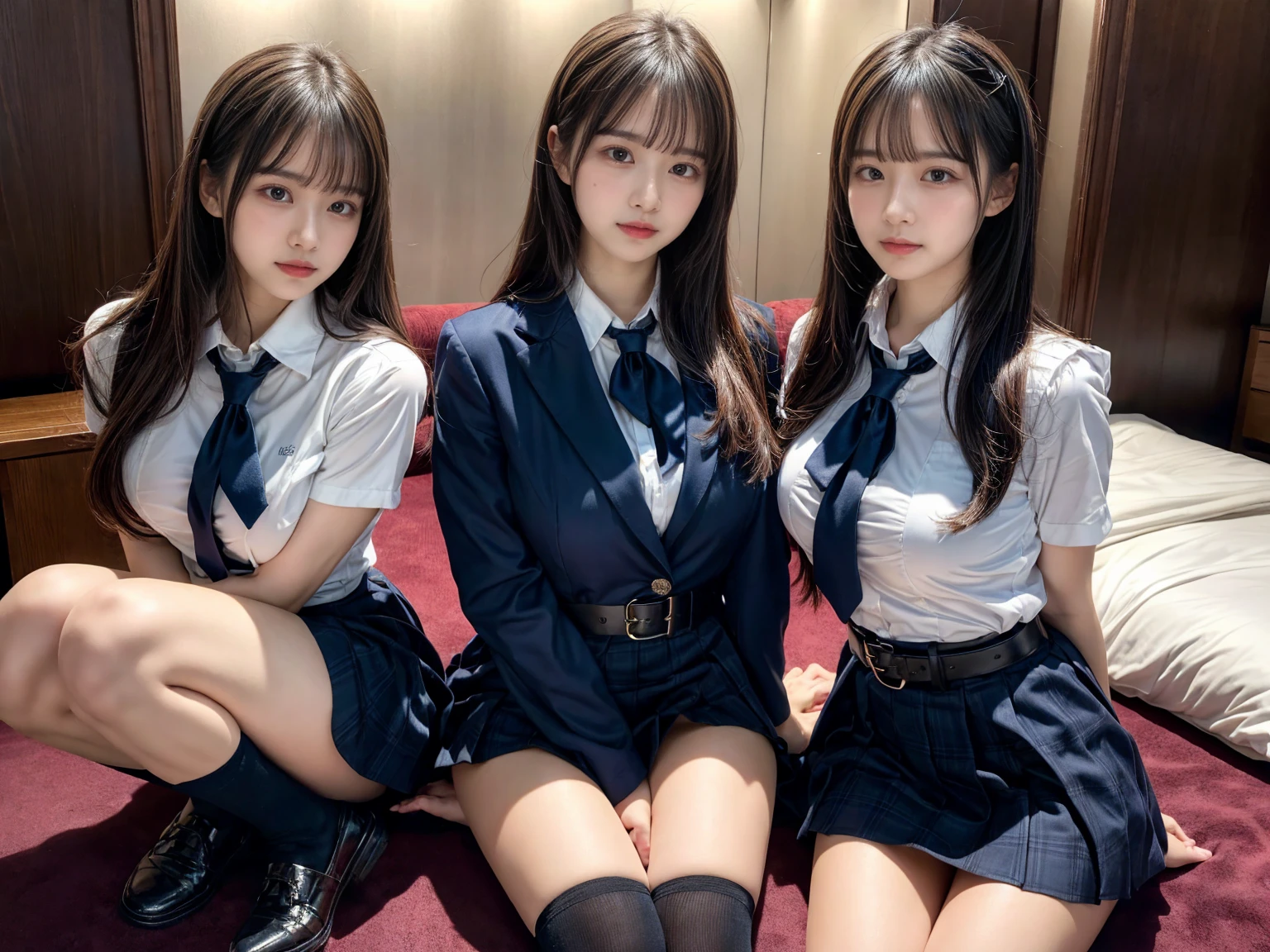 (8K, Raw photography, top-quality, masterpiece:1.2), master piece, best quality, illustration, Super detailed, fine details, High resolution, 8K,wall paper, perfect dynamic composition,(Details High quality, realistic depiction of eyes:1.3), ((2 girls, 2 schoolgirls)), The background is a luxury hotel room、High school girl uniform、blazer 、Super Short Check Uniform Skirt、Navy blue high socks、garterbelts、Colossal tits、Disturbed uniform, Play with each other,Touching each other's bodies,Touching the body of the girl next door, short bob hair, black hair color, huge breasts, Big Natural Color Lip, bold sexy pose, (perfect body shape), crying a little、cold gaze, Beautiful makeup,glitter makeup,Cutest 18 years old, beautiful legs, hposing Gravure Idol, Voluptuous thighs