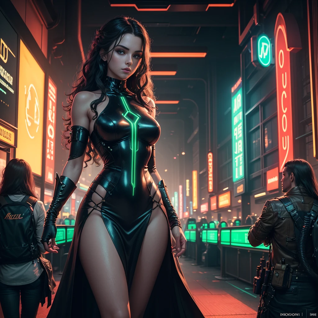 a beautiful young european woman with long dark curly hair standing in a casino, wearing a dress, in a green cyberpunk-inspired lighting, intricate details, highly detailed, 8k, photorealistic, dramatic lighting, cinematic, atmospheric, moody, elegant, graceful, captivating expression, intense gaze, cinematic composition, striking pose, mesmerizing, stunning, flawless skin, glossy lips, sharp focus, vibrant colors, chiaroscuro, dramatic shadows, neon highlights, futuristic, industrial, high-tech, complex environment, intricate architecture, neon signs, holographic displays, advanced technology, seamless integration of organic and inorganic elements, visually stunning, breathtaking, awe-inspiring