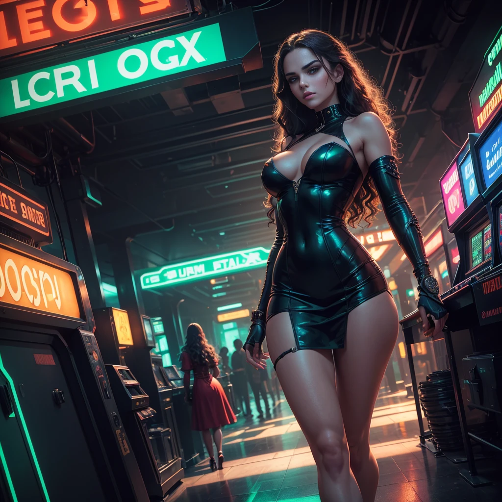 a beautiful young european woman with long dark curly hair standing in a casino, wearing a dress, in a green cyberpunk-inspired lighting, intricate details, highly detailed, 8k, photorealistic, dramatic lighting, cinematic, atmospheric, moody, elegant, graceful, captivating expression, intense gaze, cinematic composition, striking pose, mesmerizing, stunning, flawless skin, glossy lips, sharp focus, vibrant colors, chiaroscuro, dramatic shadows, neon highlights, futuristic, industrial, high-tech, complex environment, intricate architecture, neon signs, holographic displays, advanced technology, seamless integration of organic and inorganic elements, visually stunning, breathtaking, awe-inspiring
