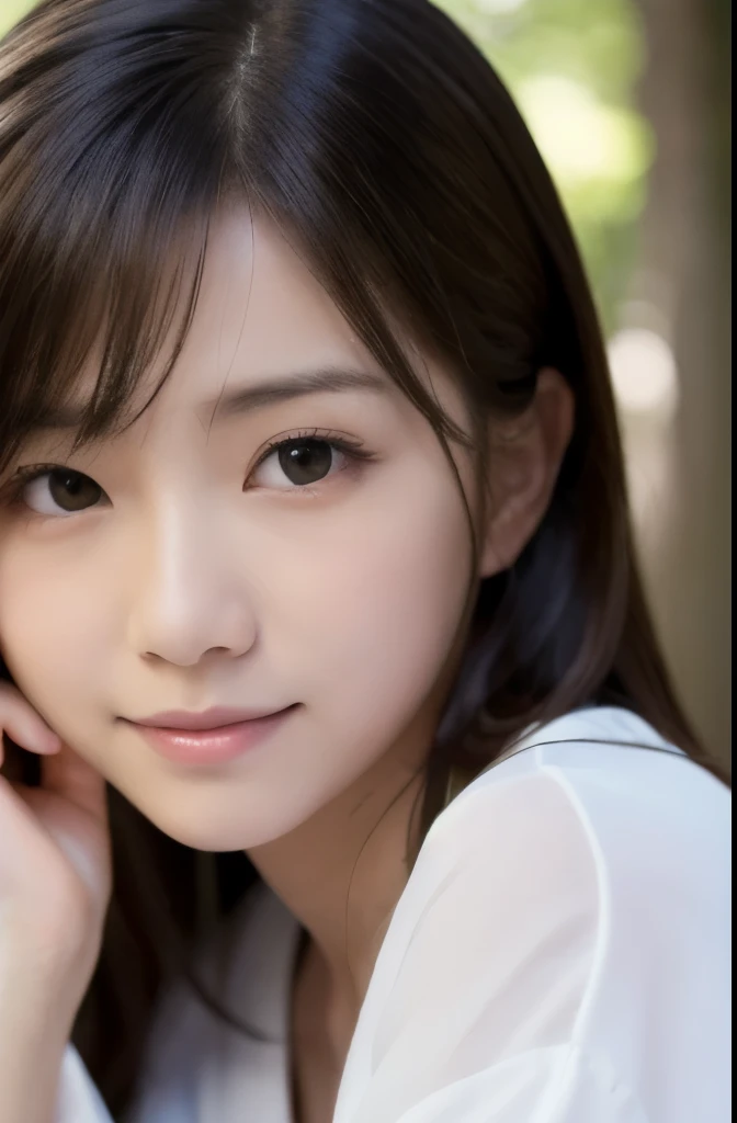best quality, face focus, soft light, ultra high res, (photorealistic:1.4), RAW photo,(Shinozaki Ai), white skin, kawaii,
1 Japanese girl, solo, cute, (smile), (pupil, lights in the eyes),  detailed beautiful face, Medium-sized breasts,(high resolution detail of human skin texture),(long hair),(portrait), upper body, white traditional kimono, in the forest,