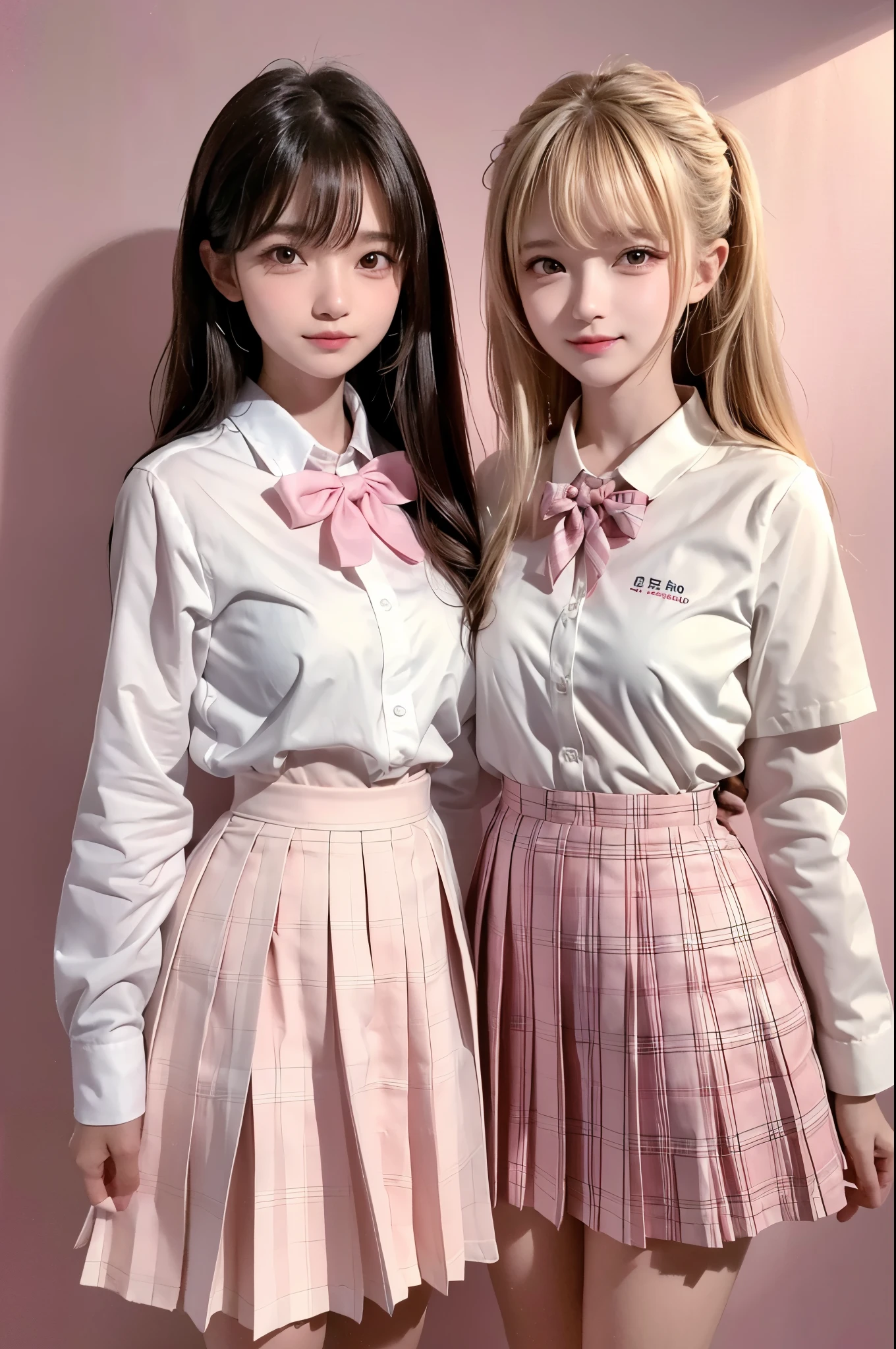 high resolution,smile,woman,woman2人,adult,((two girl females)),
Clear,cute,Blonde,
wavy hair,long hair,BREAK,
Brown eyes,BREAK,
high school girl,uniform,White shirt,Pink checkered pleated skirt,BREAK,
Facing forward,BREAK,Pink background,