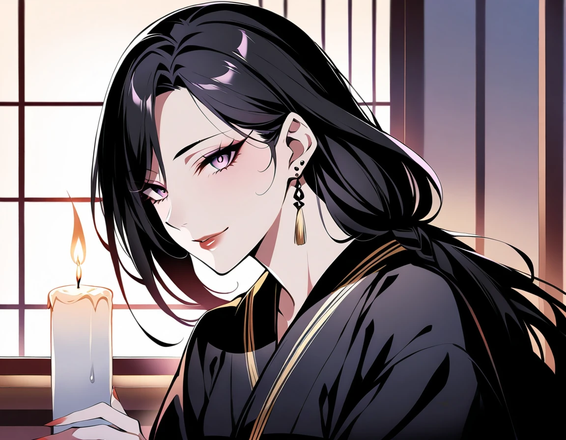A close-up shot of the widow's enigmatic face, illuminated by a single flickering candle's soft glow. Her piercing gaze, like a serpent's whisper, seems to weave a web of deceit. The glossy black kimono clings to her curves, accentuating the wickedness that simmers beneath her surface. Her full lips curl into a sly smile, as if she holds a dark secret.,(An evil seductive smile on the other side of the Japanese-style bedroom with the sliding doors open., A 35-year-old mature widow with a mysterious beauty wearing a seductive black kimono looks at me while doing so.),masterpiece, incredibly absurd resolution, absolute resolution, super high resolution,