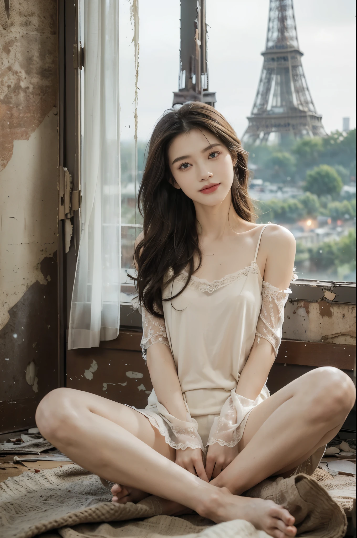 (((best quality))), (((ultra detailed))), (((masterpiece))), illustration,((a beautiful girl,solo)),(long straight bob:0.8),((slim,thin)),((small breasts,flat chest)),(torn tattered short-sleeved sheer nightgown:1.3),(slender legs:1.2),(loafers:1.2),(delicate skin:1.2), (in dark dilapidated bedroom:1.3),(rundown hotel:1.3),((faded walls, peeling paint, dusty carpet)),(arms behind back:1.5),(spread legs apart:1.3),(sitting on the edge of the bed:1.3),((window, city view, weak lights)),(majestic Eiffel Tower:1.3),(smile:1.2), tranquility, rough surroundings, edgy beauty,detailed eyes, hidden fire,(summer:1.2),(night scene:1.3),((from front,full body))