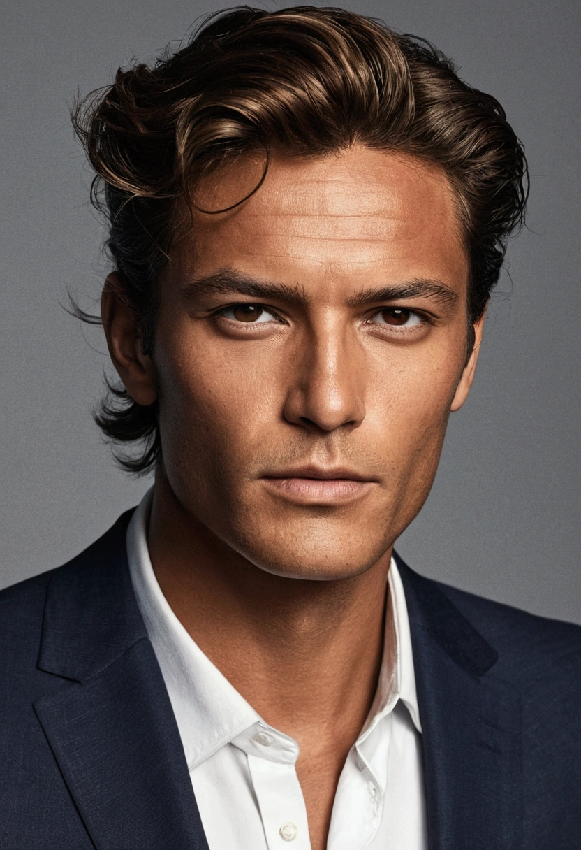 photo éthérée d'an elegant man, Young, French nationality, tanned skin, In the style of Peter Lindbergh, head of'work of the'art complexe, presentiment, Name D'Gold, Tendance dans CGSeteration, complexe, epic, tendances sur ArtStation d'artgerm, Rendu de personnages cinématographiques de production très détaillé et dynamique, very high quality model