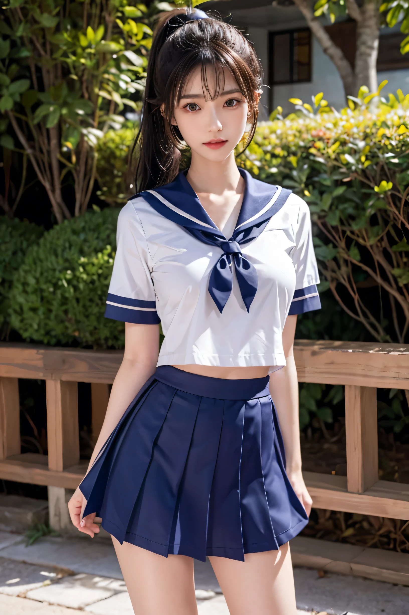 (Ultra HD), (Short-sleeved sailor uniform, Navy blue mini skirt), , slender, whole body, Standing posture, (Clean and shiny skin, Whitening, No makeup), (Super slim face, Super beautiful face), (ponytail, Layered Cut, Fluffy hair), (double eyelid, Slanted Eyes), Small Nose, Thin lips, Thin legs, In front of the school gate