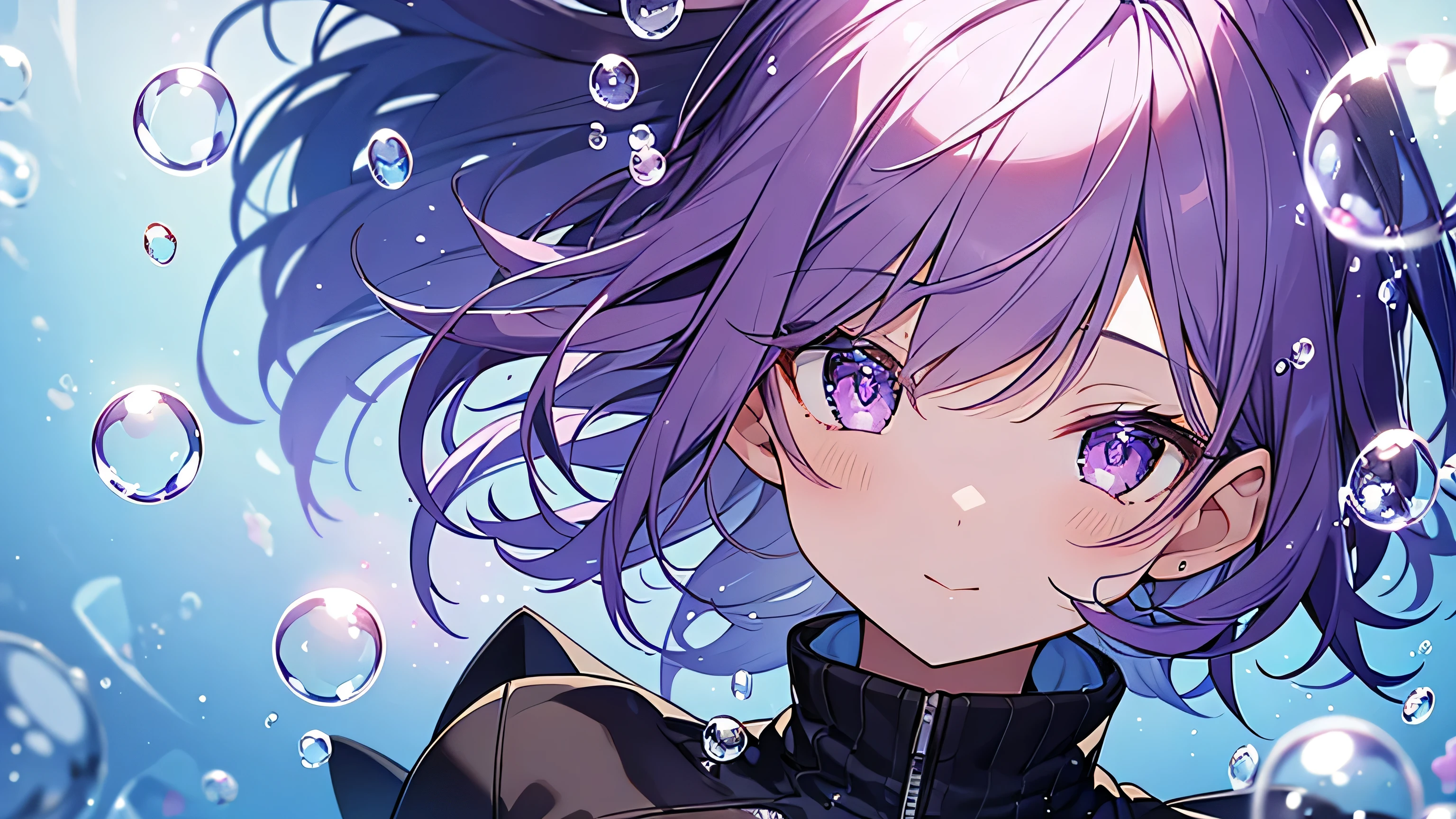 alone, One girl, Purple eyes, Purple Hair, bubble, View your viewers, Portraiture, Half-closed eyes, short hair, Mouth closed,shiny bubbles,bubbles, colour shining in bubble, reflective bubbles,bubbles ,bubbles all around, turning into bubble