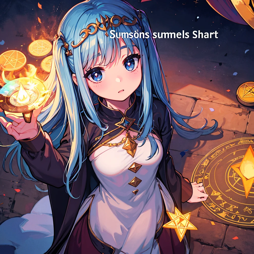 Goddess summons heroes, summoning circle, blue pentagram, text level 1 above head