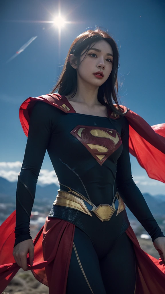 Woman wearing detailed SuperMan costume with full sleeves covering the entire body, short black hair, serious face, (flying in sky), vivid colors, dramatic lighting, red cape, cinematic costume, carbon fiber detailed suit,
