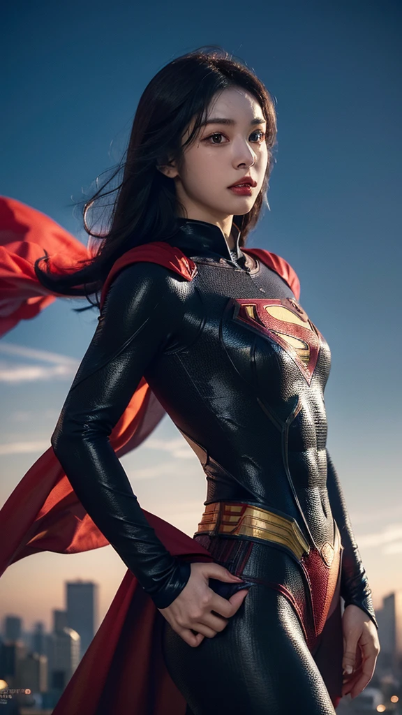 Woman wearing detailed SuperMan costume with full sleeves covering the entire body, short black hair, serious face, (flying in sky), vivid colors, dramatic lighting, red cape, cinematic costume, carbon fiber detailed suit,