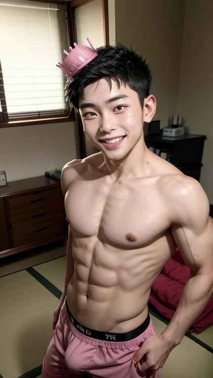 Japanese men、、Underdeveloped muscles and smooth skin Grey thin boxer briefs、The whole body is visible、Posing in the living room、A cheerful smile、Undercut black hair with pink crown