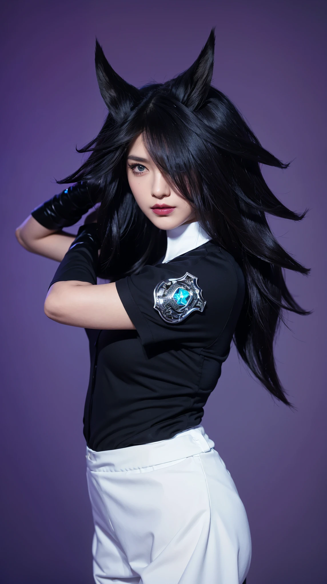 This striking image features a character with a dark and intense expression, showcasing an intriguing blend of mystery and authority. Her hair is styled with exaggerated, sharp peaks, akin to the ears of a mythical creature, enhancing her enigmatic aura. She wears a deep blue uniform shirt accented by a prominent silver police badge, symbolizing a role of enforcement or protection. The contrast between her dark, voluminous hair and the crisp white collar of her uniform adds a dramatic flCreate a hyper-realistic 4K image of a fantasy character with striking black hair and sharp, wolf-like ears against a vibrant purple background. The character has intense, glowing eyes and wears dark lipstick, enhancing her mystical allure. Her hair flows wildly around her face, adding to her fierce appearance. She wears a modern dark blouse with a prominent white collar, giving her a stylish yet intimidating look. The overall tone should capture a strong contrast between her dark features and the bright background, emphasizing her bold personaand a touch of whimsy. 3d model, multiple light sources, rim light, sharp post broken glass magic ball of turquoise color with fragments lying nearby frame above from above on a white background effects render, (glossy plastic texture with multiple big light probe refractions), perfect cgi, smooth silhouette, high intensity refraction, (super glossy plastic material), most beautiful vfx, , realistic, 4k, high resolution, rim light, smooth 3d model, multiple light sources, rim light, sharp post effects render,, realistic, 4k, high resolution, rim light detailed digital art, reflective, best quality, 4k, masterpiece:1.2, ultra-detailed, realistic, vivid colors, The image of the highest quality, ensuring every detail showcased perfectly. It in 4k resolution, allowing viewers to immerse themselves in the richness of the colors and intricate details. The realistic rendering. under the spotlight, reflecting, high-resolution image, realistic rendering