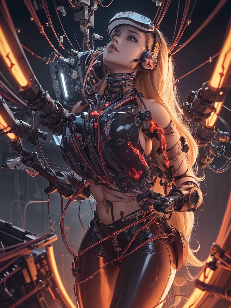(((Masterpiece))), ((Best Quality)), (Super Detail), (CG Illustration), (Very Evil and Beautiful)), Cinematic Light, ((1 Mechanical Girl)), Single, (Mechanical Art: 1.4), ((Mechanical limb)), (Blood vessel attached to a tube), ((Mechanical spine attached to the back)), ((Mechanical cervical vertebrae attached to the neck), expressionless, ( Wires and cables attached to the head and body: 1.5), Science Fiction, Apocalypse, Ruins, (Lower Body Integrated with Mechanical Devices), (Blood: 1.5), Cruelty, Absurdity, Eroticism, Fusion with Machines, Doomsday Time, Super Future, Inorganic, Laboratory, Restraint, (Beautiful Indulgence: 1.2), (1 Girl: 1.3), Body Wrapped Around Mechanical Tentacles, ((big boobies)), long blonde hair, big on focus, ((black latex brassiere)), (((wearing a mask))), (((wearing a VR Headsets))), ((fullbody))