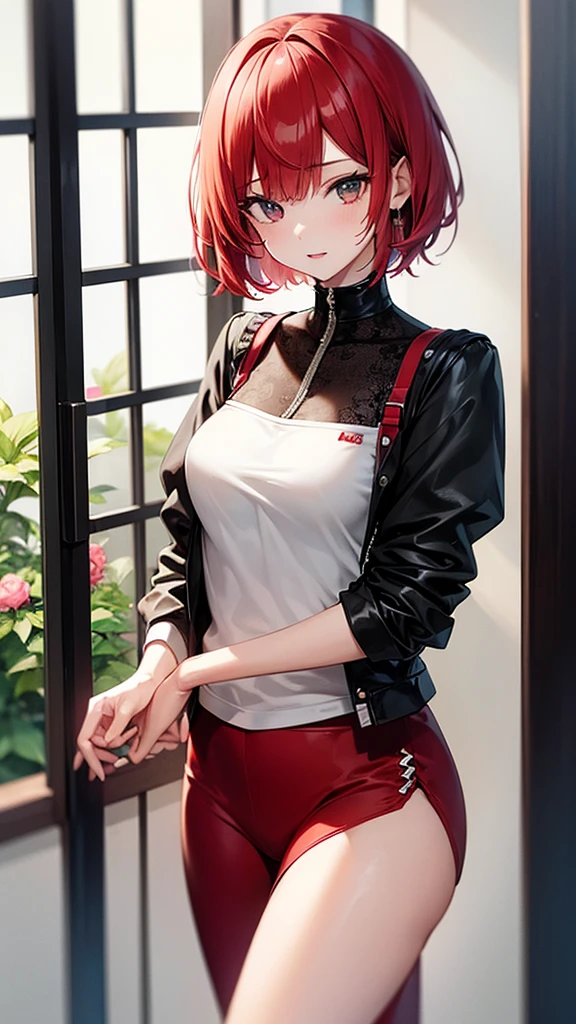 (Highest quality,High resolution,Very detailed,girl),Red hair,short hair,Height: 150cm,cute,black eye,I'm wearing a red skirt,Her eyes are white and shining,Has bright white eyes,Has an embarrassed look,